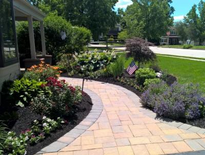 A new walkway is flanked with low growing plants. A new walkway is flanked with low growing plants.