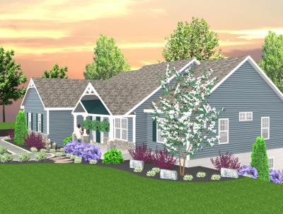 3D design for a client's front yard using curved lines, boulders and principles of repetition in landscape design. 3D design for a client's front yard using curved lines, boulders and principles of repetition in landscape design.