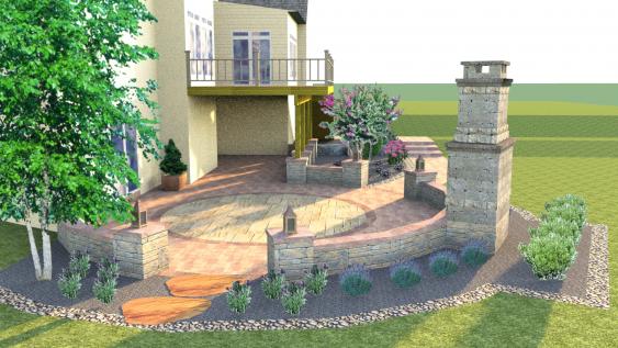 3-D design of a patio, wall and fire place.