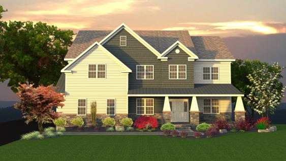 3D design rendering for a front yard landscape.