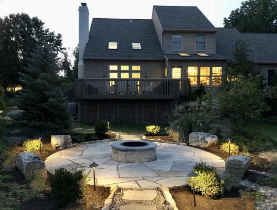 Chester Springs. PA firepit, flagstone patio and lighting.