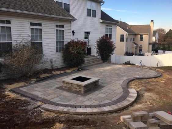 Patio and Fire pit installation in progress in Gilbertsville, PA