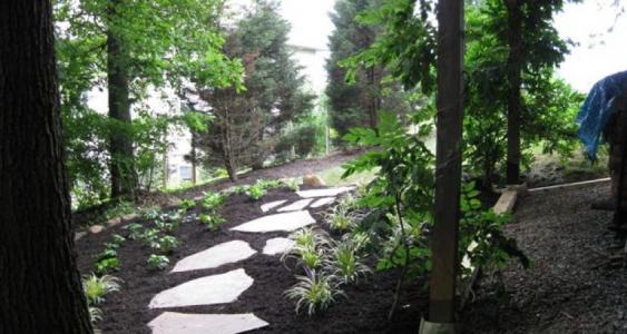 A shaded property in Birdsboro with stepping stones and mulch.