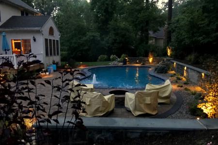 Outdoor lighting, firepit and inground pool in Glenmoore, PA
