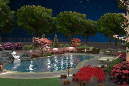 Custom pool waterfall and landscape lighting in 3D design