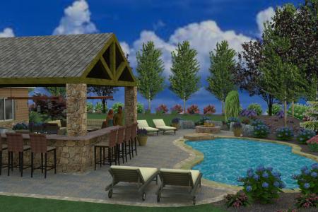 Pool decking and landscaping in 3D design