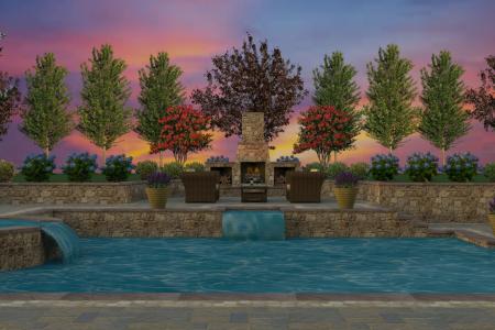 Custom 3D pool design with waterfall and outdoor fireplace.