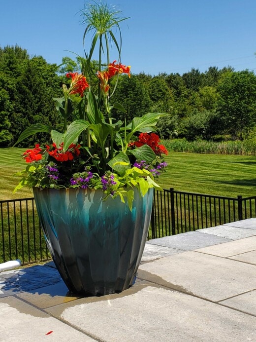 Colorful container on pool deck.