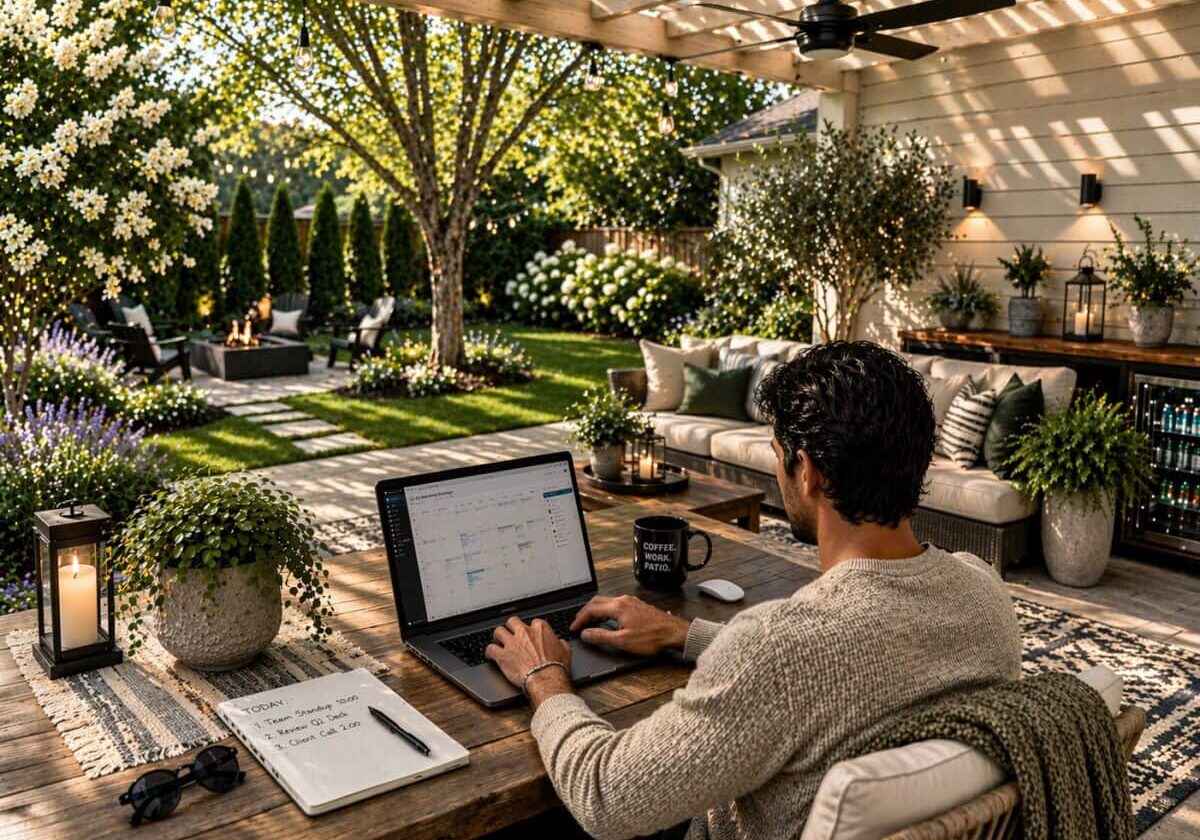 Deck outside door with shade.